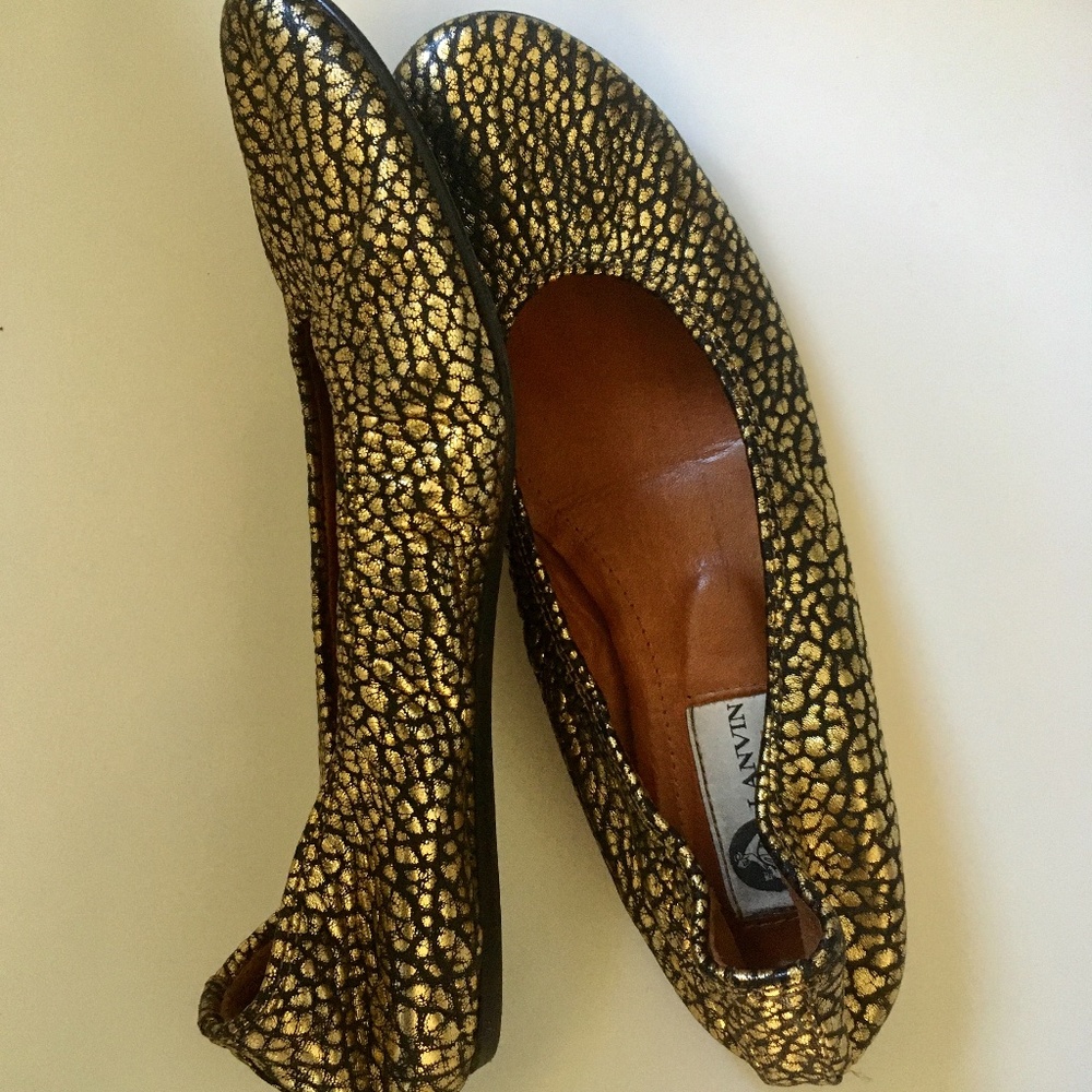 Lanvin Ballet Flats Career Black Gold Leather Sz 8